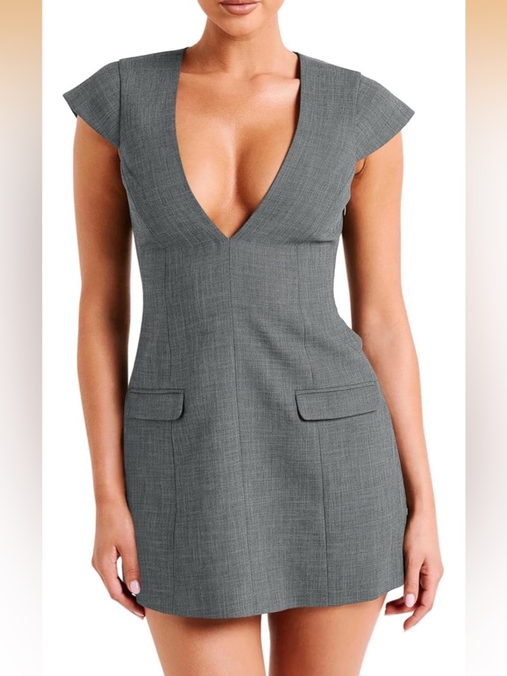 Deep V-Neck Cap Sleeve Mini Dress in Gray